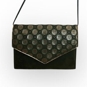 VTG Magdesians Green Suede Envelope Bag Metallic Geometric Pattern Evening 80s
